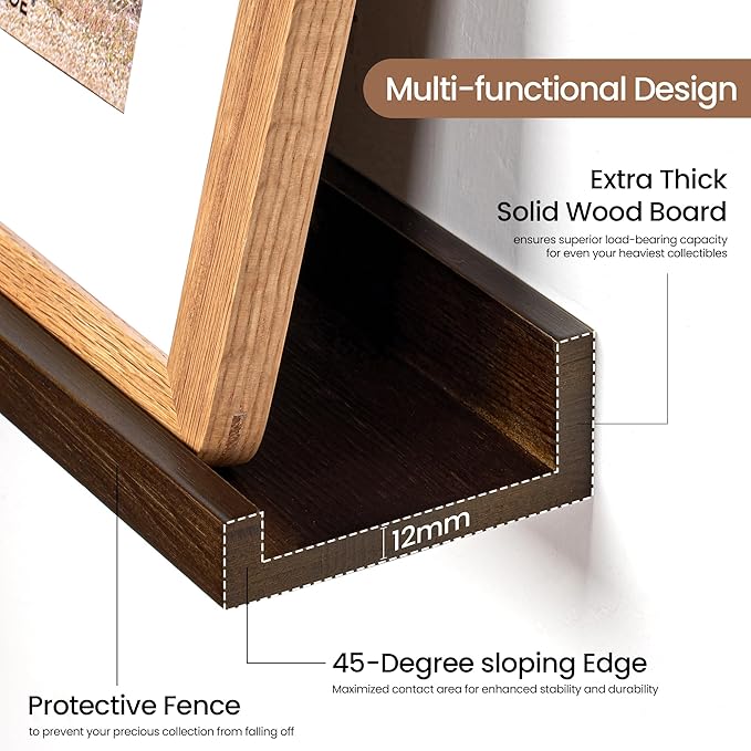 Picture Ledge Shelf, Solid Pine Wood Floating Shelves Set of 2, 36 Inches Nursery Book Shelves for Toys Storage, Kids Bookshelf Wall Mounted for Living Room Bedroom Decor Books Photo Frames, Walnut-Ruum Studio Home