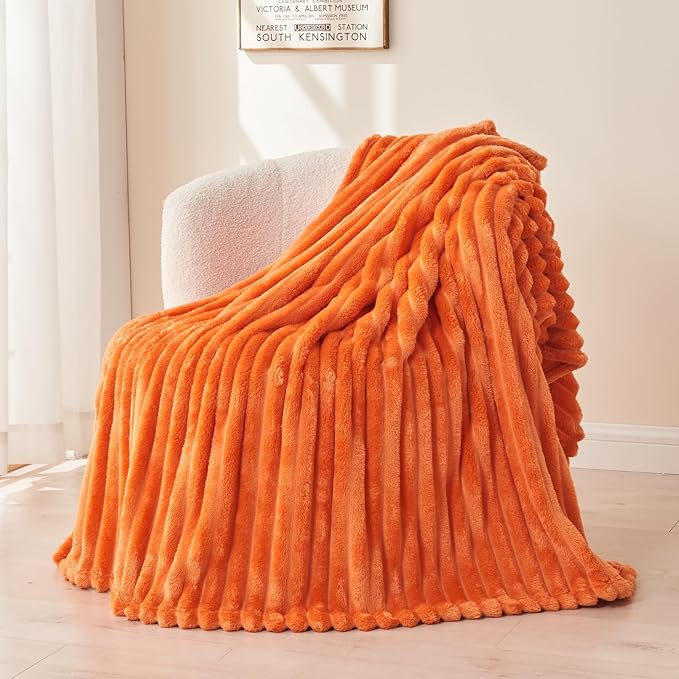 NEWCOSPLAY Super Soft Fall Queen Blanket Orange Premium Silky Flannel Fleece 3D Ribbed Jacquard Lightweight Bed Blanket All Season Use (Orange Ribbed, Queen(90"x90"))-Ruum Studio Home