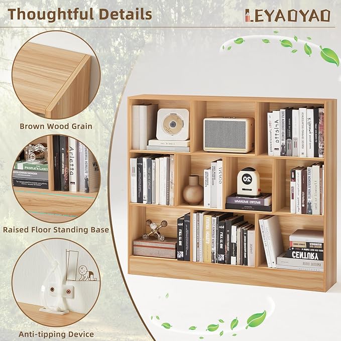 LEYAOYAO 10 Cube Bookshelf with Base,3 Tier Mid-Century Modern Grey Bookcase,Standing Wide Bookshelves Storage Organizer Shelf,Rustic Wood Display Cabinet Book Shelves for Bedroom,Living Room,Office-Ruum Studio Home