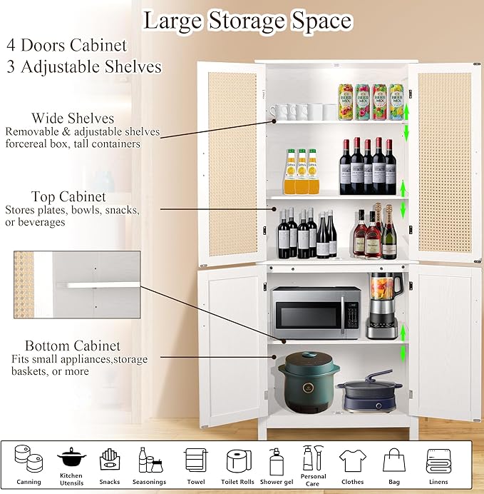 MISHAO 71" Kitchen Pantry Storage Cabinet, Tall Storage Cabinet with Rattan Doors & Adjustable Shelves, Freestanding Cupboard Wood Pantry for Kitchen, Living Room, Dining Room Hallway, White-Ruum Studio Home