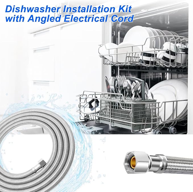 Dishwasher Installation Kit - 8 FT Stainless Steel Dishwasher Hose with 3/8" Compression Connections,Food Grade PEX Inner Tube Dishwasher Water Supply Line with Elbows,Adapters and 6 FT Power Cord-Ruum Studio Home