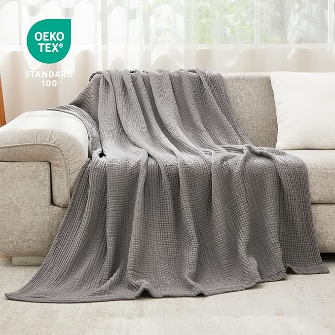 EMME Cotton Blanket Twin XL for Bed Soft Muslin Blankets 66"x90" Lightweight Breathable Layering Bedspread Coverlet All Season Gauze, Grey-Ruum Studio Home