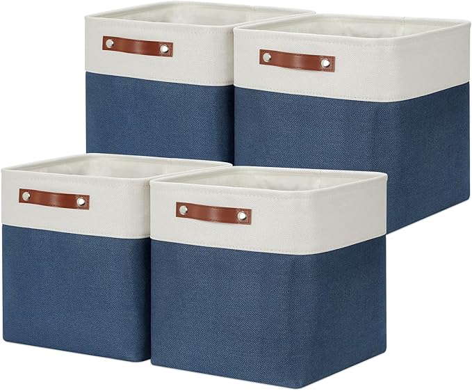 DULLEMELO Foldable Storage Cubes 12 x 12 Organizer Bins,Canvas Storage Bins Empty Gift Baskets for Organizing with SturdyLeather Handles, Closet Baskets for Nursery Storage(4 Pack - 12" White&Blue)-Ruum Studio Home