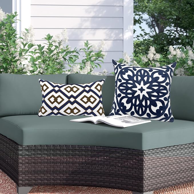 Alysheer Embroidered Lumbar Decorative Throw Pillow Cover 12"x 20", Classic Boho Geometric Embroidery Pattern Cotton Rectangular Cushion Case for Sofa Couch Living Room Bedroom(Blue Brown)-Ruum Studio Home