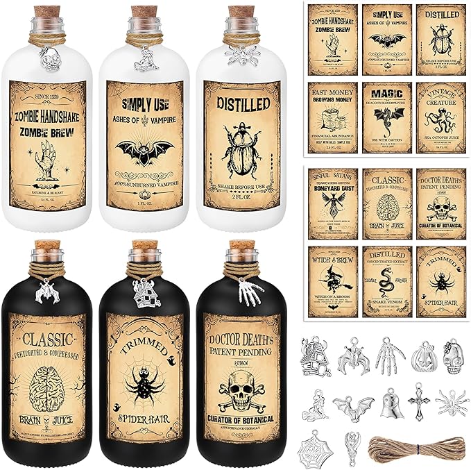 Uiifan 31 Pcs Halloween Potion Bottles Set Including Glass Apothecary Bottles with Cork Stickers and Pendants Halloween Decorations Indoor Party Supplies(White, Black,8.5 oz)-Ruum Studio Home