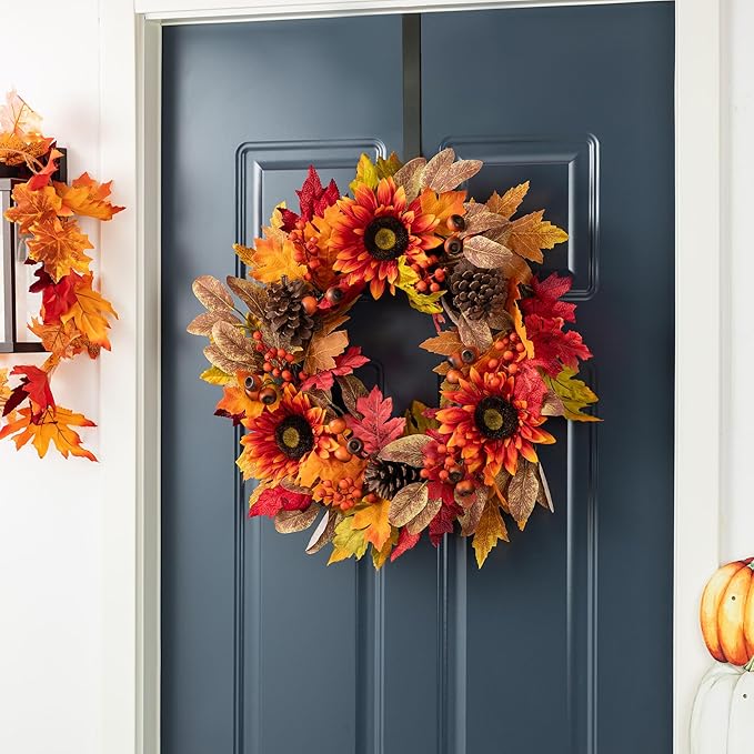 Glitzhome 24''D Fall Wreath with Hanger, Artificial Autumn Wreath for Front Door with Sunflower, Pinecone and Berry, Harvest Wreaths Decor for Indoor Outdoor Holiday Decoration-Ruum Studio Home