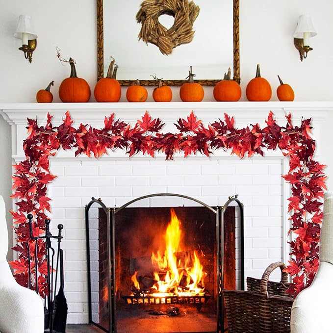 DearHouse 2 Pack Fall Garland Maple Leaf, 5.9Ft/Piece Hanging Vine Garland Artificial Autumn Foliage Garland Thanksgiving Decor for Home Wedding Fireplace Party Christmas (Dark Red)-Ruum Studio Home