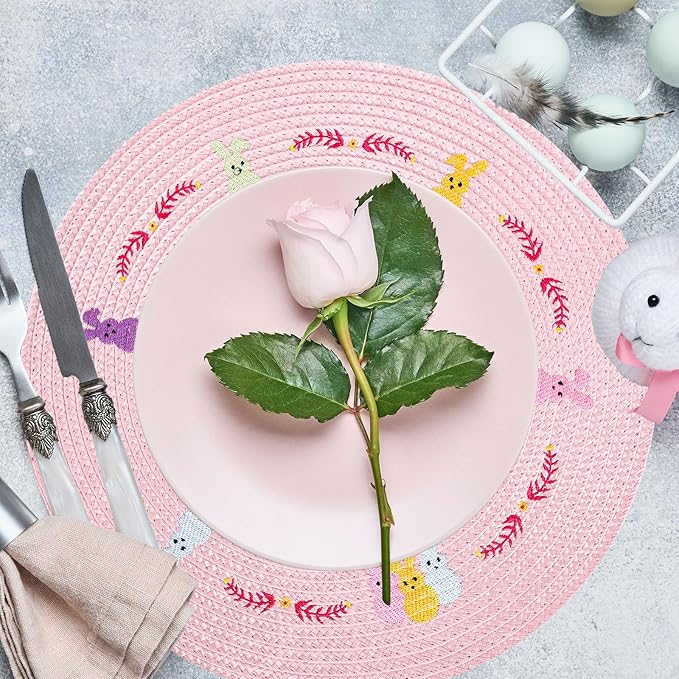 Whaline 4Pcs Round Bunny Easter Placemats Pink Rabbit Embroidered Place Mats Spring Cute Rabbit Dinner Table Mat Easter Dining Kitchen Table Mats for Home Wedding Baby Shower Birthday Party Decor-Ruum Studio Home