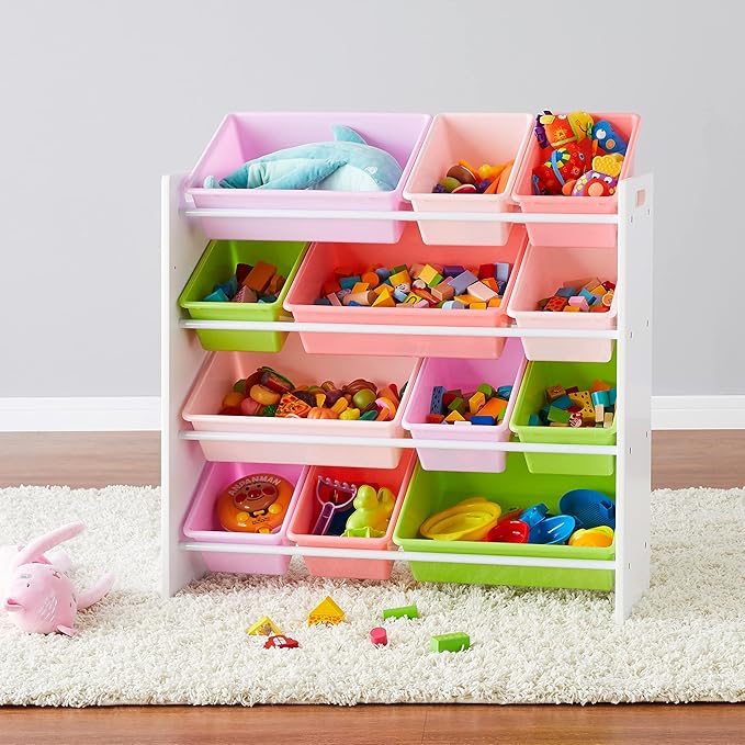Amazon Basics Kids Toy Storage Organizer With 12 Plastic Bins, White Wood With Pink Bins, 10.9" D x 33.6" W x 31.1" H-Ruum Studio Home