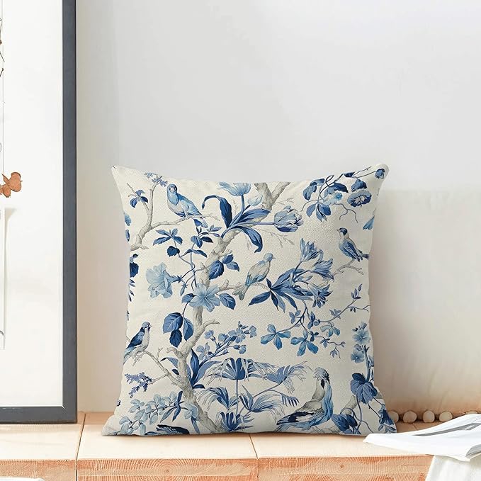 CXMEIFLY Navy Blue Spring Floral Pillow Covers 18 x 18 Inch Set of 2 for Chinoiserie Flowers Bird Decor Throw Pillows Vintage Plant Outdoor Decorative Cushion Cases for Couch Bed Decorations-Ruum Studio Home