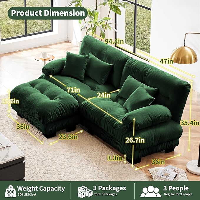 Modular Sectional Sofa, Comfy Cloud Couch Oversized Loveseat with Ottoman, Sectional Couches for Living Room, Modern Chenille L Shaped Couch, Sleeper Deep Seat Sofa with Throw Pillows, Green-Ruum Studio Home
