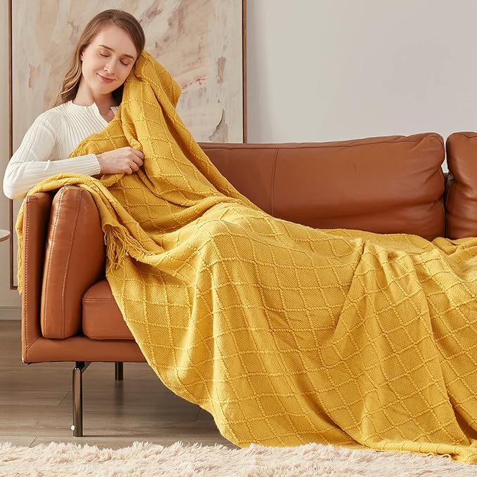 inhand Knitted Fall Throw Blanket for Couch and Bed, Knit Fall Decor Halloween Blanket with Tassel, Mustard Yellow Lightweight Decorative Farmhouse Warm Woven Blankets and Throws for Women, 50"x60"-Ruum Studio Home
