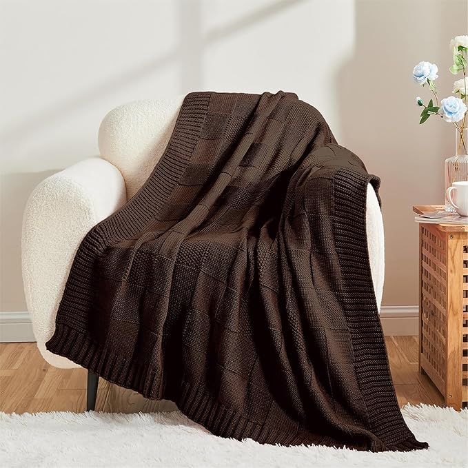 CozeCube Check Knit Throw Blanket, Dark Brown Checkered Throw for Couch, Decorative Christmas Soft Cozy Warm Knitted Blanket for Bed Sofa Living Room, 60"X80"-Ruum Studio Home