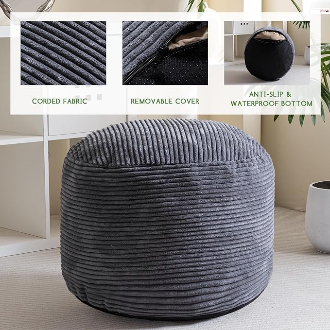 HIGOGOGO Round Stuffed Pouf Ottoman, Corduroy Poufs with Foam Chunk Filling, Furry and Fluffy Pouf Foot Stool Storage Ottoman, 26 X 18 Floor Poufs Foot Rest for Living Room, Dark Grey-Ruum Studio Home