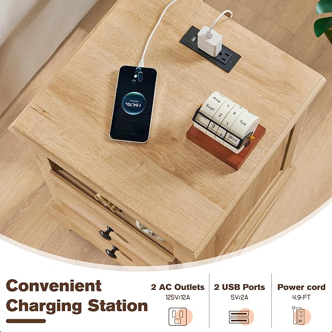 T4TREAM Nightstand with Charging Station, 18 Inch Vintage End Table with 2 Drawers, Wood Rustic Sofa Side Table with Open Storage Shelf for Bedroom, Living Room, Natural Oak-Ruum Studio Home