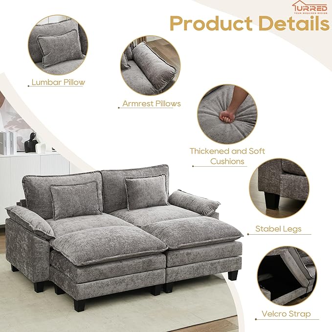 URRED Modular Sectional Sofa Comfy Cloud Couch, Modern Chenille Sofa Sleeper Deep Seat Couches with Ottoman/Pillows for Living Room (Gray, 82.6''- 2 Ottomans)-Ruum Studio Home