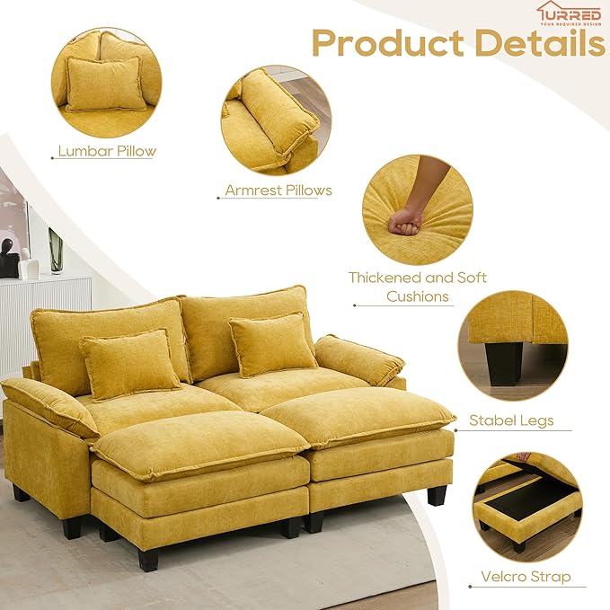 URRED Modular Sectional Sofa Comfy Cloud Couch, Modern Chenille Sofa Sleeper Deep Seat Couches with Ottoman/Pillows for Living Room (Yellow, 82.6''- 2 Ottomans)-Ruum Studio Home