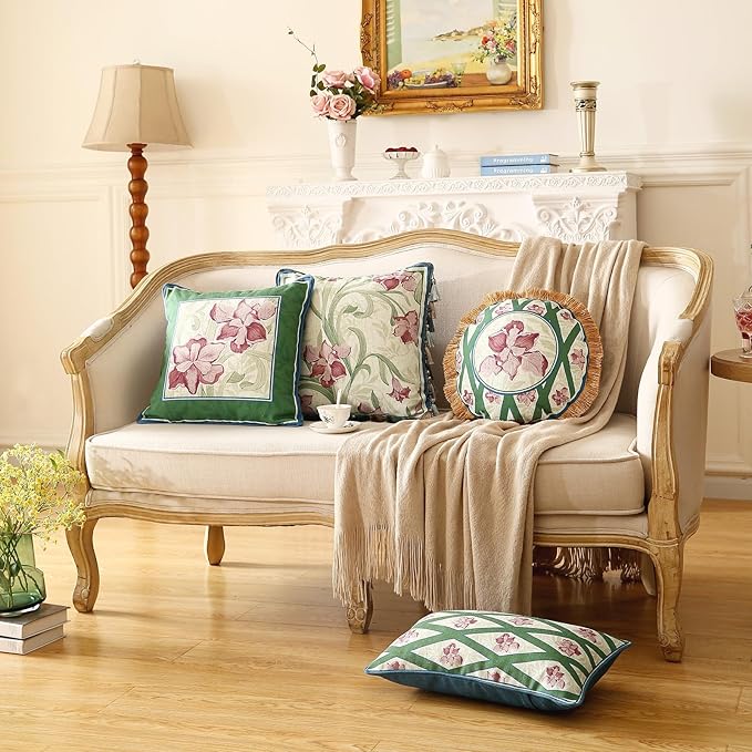 patdrea Designer Throw Pillow Covers Set of 4,French Elegant Green Linen with Iris Floral Collection Pattern Pillow Covers,Decorative Lumbar Square Round Pillowcases Cushion for Bed Living Room-Ruum Studio Home