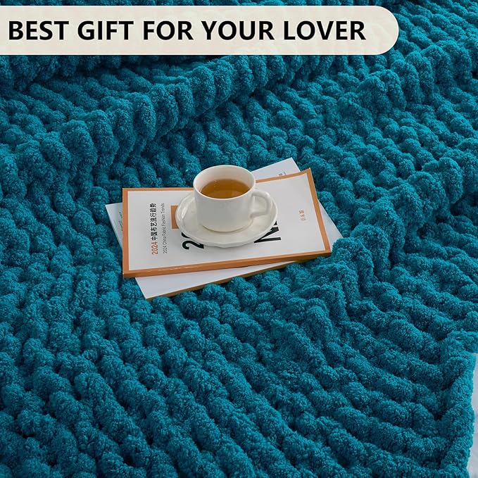 L'AGRATY Chunky Knit Blanket Throw: 60''x80'' Chenille Chunky Knitted Throw Blanket for Bed Couch - Handmade Thick Big Cable Knit Blanket - Large Crochet Rope Blanket for Home Decor(Teal)-Ruum Studio Home