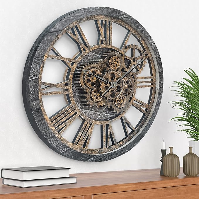 HOIBAI Large Wall Clock, Wall Clocks for Living Room Decor 20 Inch Farmhouse Vintage Rustic Kitchen Wall Decor Vintage Roman Oversized Wall Clock for Home Bedroom House Office, Moving Gears Clock-Ruum Studio Home