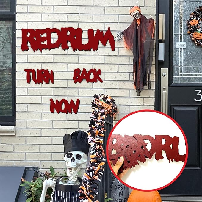 Wooden Halloween Decorations Stickers Bloody Halloween Decals for Mirror Wall Window Peel and Stick Happy Halloween Wall Sticker Redrum Door Sign Outdoor Indoor Decor Holiday Party Supply Photo Props-Ruum Studio Home