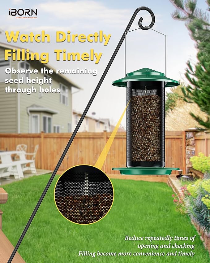 iBorn Bird Feeders for Outdoors, All Metal Mesh Tube, Holding Bird Seed for Outside Feeders,18cm Large Roof, Green, 2.8lb(Seed is not Included)-Ruum Studio Home