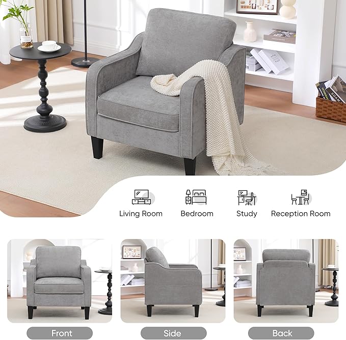 Accent Chairs Set of 2, Upholstered Living Room Chairs with Side Pockets, Mid Century Modern Reading Chair for Bedroom, Comfy Armchair Single Sofa Side Chair for Office, Small Room, Light Grey-Ruum Studio Home