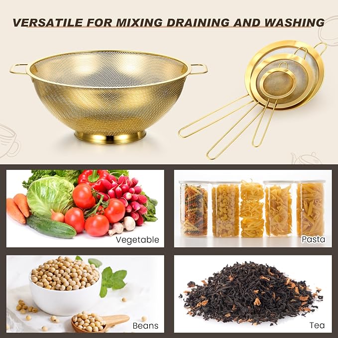 Norme 7 Quart Stainless Steel Gold Colander and 3 Pcs Gold Fine Mesh Strainer, Stainless Steel Pasta Rice Food Metal Strainer with Handles, Easy Clean and Dishwasher Safe-Ruum Studio Home
