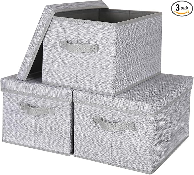 WUIKE Storage Bins with Lids, Collapsible Stackable Storage Bins with Handles, Clothing Storage Containers for Closet, Fabric Shelf Baskets, Large, Light Gray/Slub Gray, 3-Pack-Ruum Studio Home