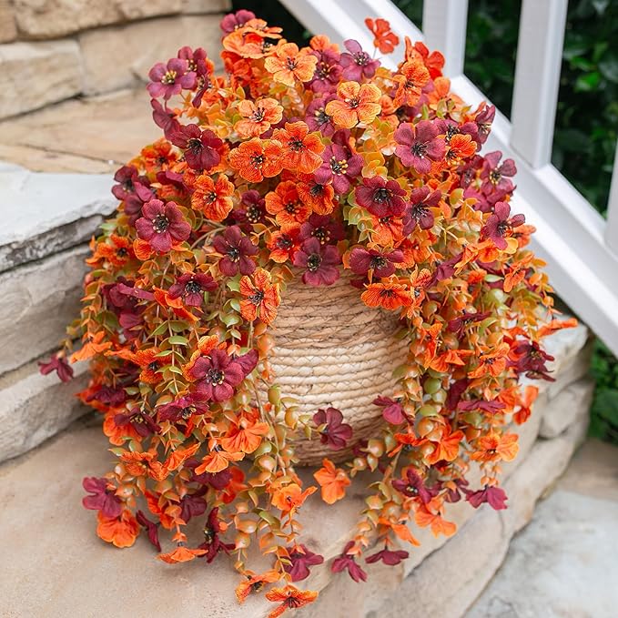 INSPRING Fake Autumn Flowers for Outdoors, 2Pcs Artificial Fall Light Orange & Brown Daisy Outside Decor, Fake Hanging Decoration, Realistic Plants, Silk Flower for Porch Patio Balcony Planter-Ruum Studio Home