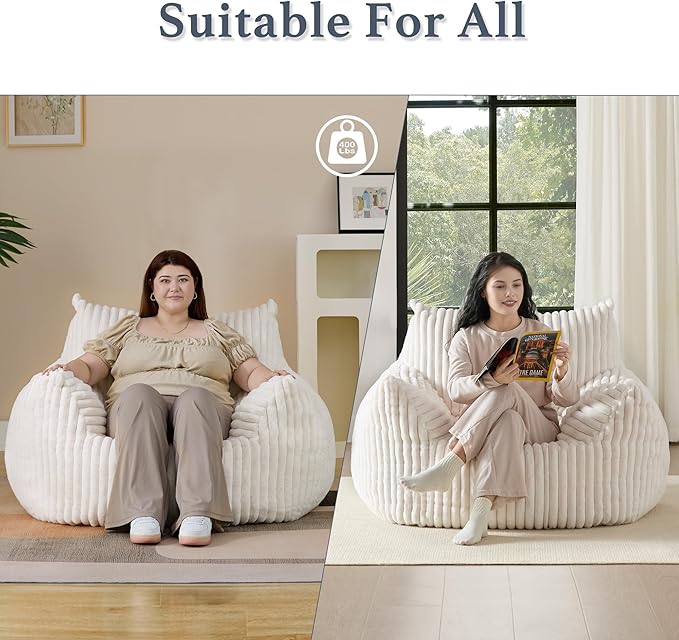Giant Plush Bean Bag Chair for Adults with Armrests - Oversized Comfy Beige Beanbag Lounge Lazy Floor Sofa Accent Chair for Living Room, Bedroom & Dorm, Cozy Fluffy Single Cloud Mini Couch-Ruum Studio Home