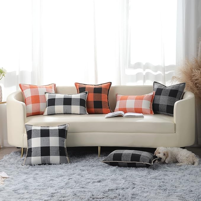 decorUhome Fall Orange and Black Decorative Throw Pillow Covers 16x16 Set of 2, Buffalo Plaid Check Farmhouse Cushion Covers with Stitched Edge for Autumn Harvest Couch Sofa Bed Home Decor-Ruum Studio Home