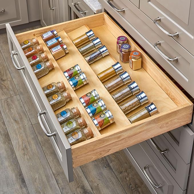 Rev-A-Shelf 3 Tiered Seasoning Organizer for Wooden Kitchen Drawers, Pull Out Spice Rack, 19.75 x 33.15 x 1.74 In, Maple, 4SDI-36-1-Ruum Studio Home