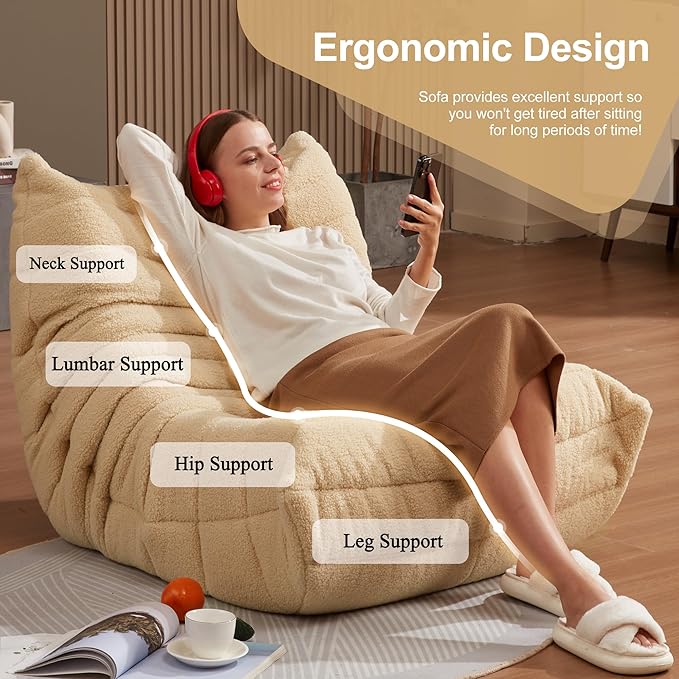 Bean Bag Chairs for Adults Giant Bean Bag Chair Memory Foam BeanBag Chair Big Bean Bag Sofa with Filler Faux Fur Fireside Beanbags Lazy Sofa for Living Room Bedroom Dorm Office (Khaki Teddy)-Ruum Studio Home