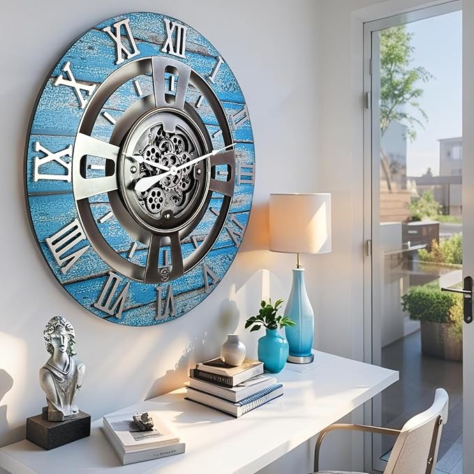 The Gears Clock Real Moving Gear Wall Clock England Line (Ocean Blue, 24 inches (60 cm))-Ruum Studio Home