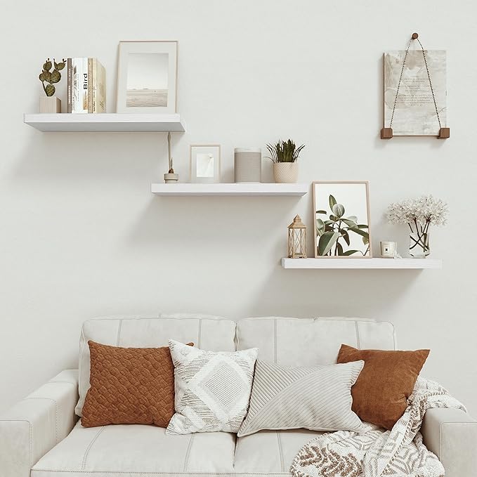 Floating Shelves for Wall 24 inchs Long, 9.1” deep x 1.5” Wall Shelf for Bedroom, Bathroom, Living Room, Kitchen, Office Home Decor, Deep Wood Shelves with Invisible Brackets, Set of 2 White-Ruum Studio Home
