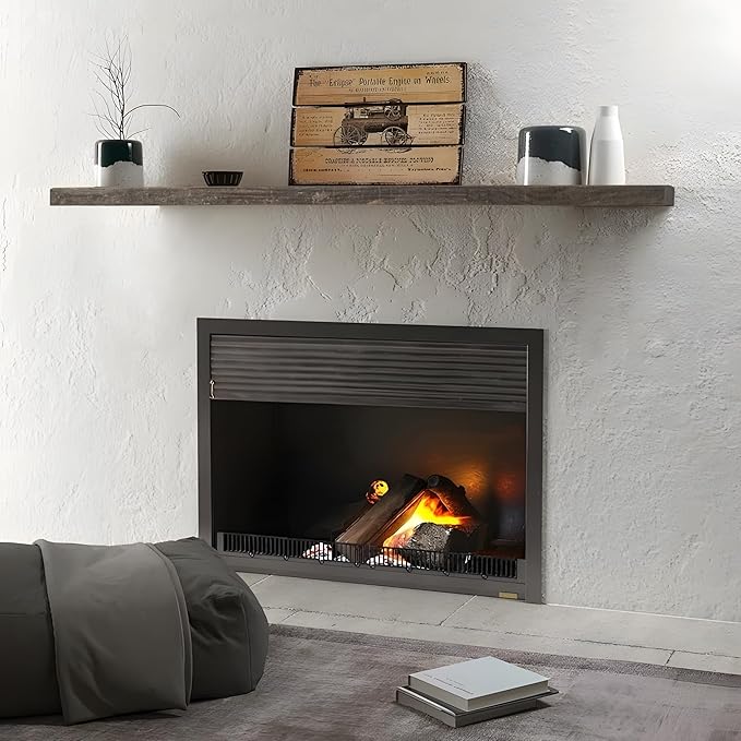 48 Inch Fireplace Mantel Shelf - 8 Inch Deep Rustic Solid Reclaimed Wood Floating Shelf, Wall Mounted Farmhouse Display Shelf with Invisible Heavy Duty Metal Bracket, Set of 2, Cement Grey-Ruum Studio Home