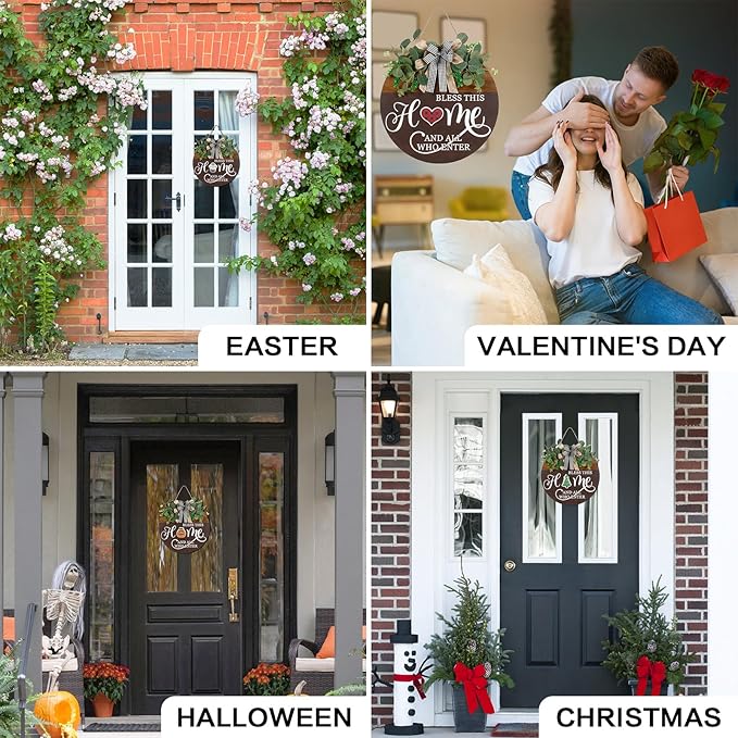 Interchangeable Seasonal Welcome Sign for Front Door, Rustic Round Wood Wreath Wall Hanging Decorations, for Spring Summer Fall Winter All Holiday Halloween Christmas Farmhouse Outdoor Home Decor-Ruum Studio Home