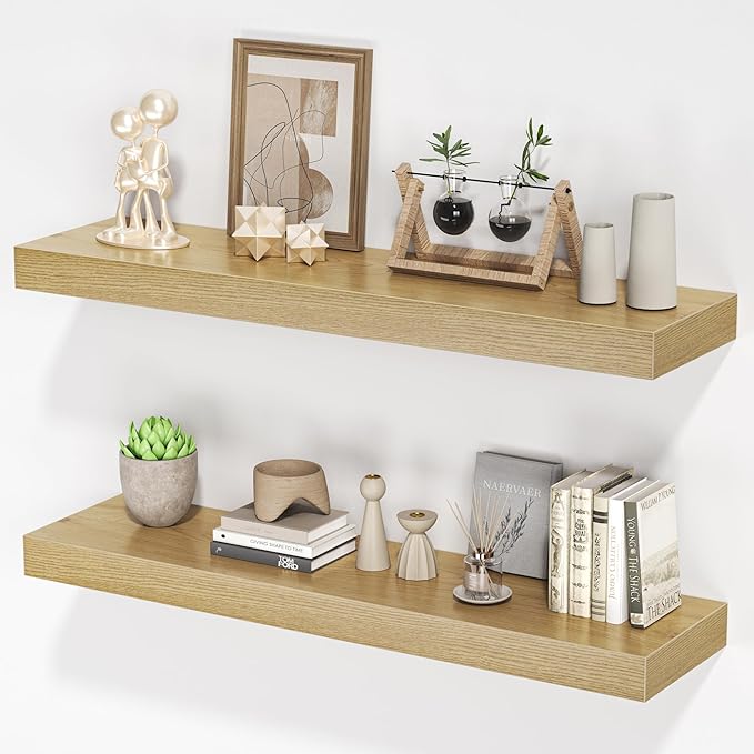 Floating Shelves for Wall, 31.5" W x 6.7" D x 1.5" H, Wooden Wall Mounted Display Shelves with Invisible Brackets for Living Room, Bedroom, Bathroom, Kitchen Decor and Storage, Set of 2, Oak-Ruum Studio Home