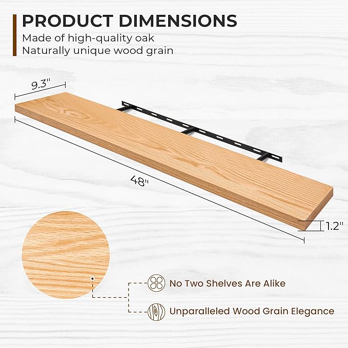 Fun Memories Solid Oak Wood Floating Shelves, 9.3 Inch Deep Natural Wood Shelf with Invisible Heavy Duty Bracket for Bathroom Bedroom Kitchen - 48inch Set of 1, Natural-Ruum Studio Home