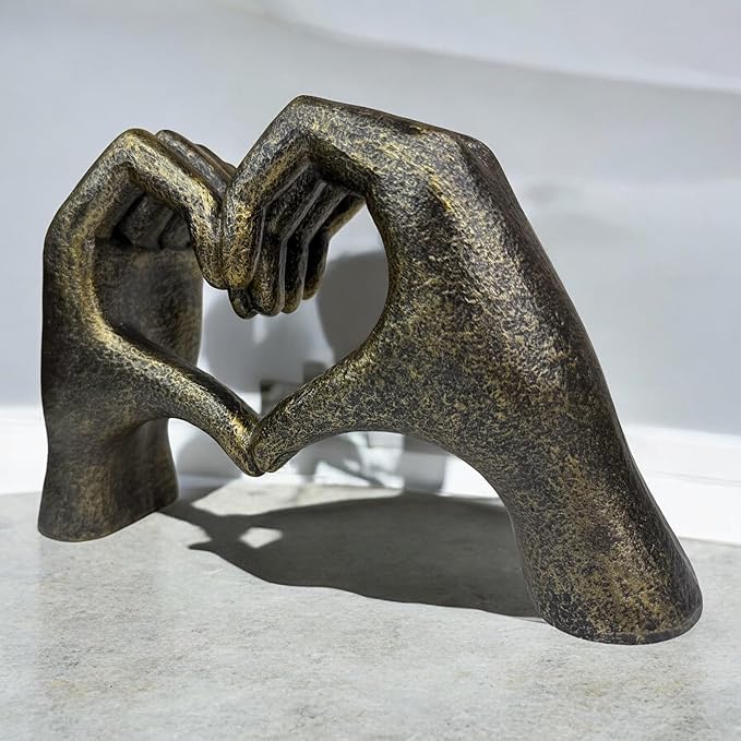 Top Brass Large Rustic Heart Hands Sculpture, 9 3/4” Resin Love Statue – Romantic Decor Accent for Shelf or Mantel – Perfect for Wedding, Valentine's Day or Anniversary (Rustic Cast Iron)-Ruum Studio Home