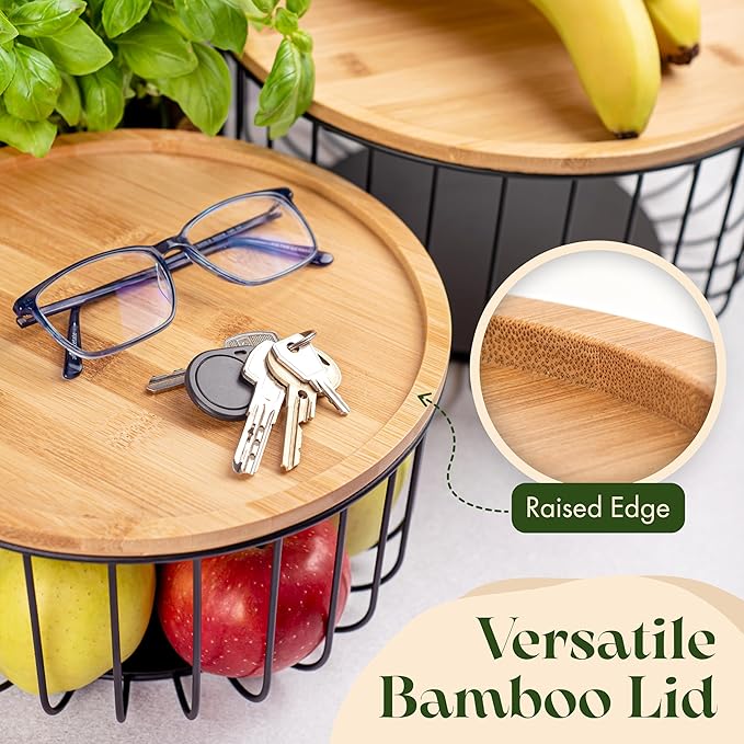 Fruit Basket for Kitchen Counter Set of 3 - Large Stackable Baskets with Bamboo Lid - Perfect Holder For Fruit and Vegetable Storage - Keep Your Countertop Classy, Tidy and Slightly Fruity!-Ruum Studio Home