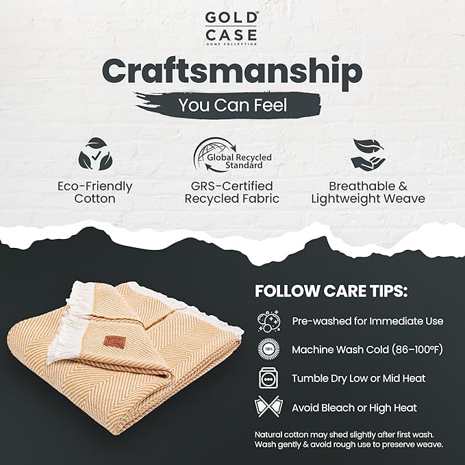 Gold Case Throw Blanket for Couch – 100% Recycled Turkish Cotton Blankets & Throws – Elegant Decorative Throw Blankets for Living Room Sofa – Woven Throws for Couch – Elegant Mustard – 60x80-Ruum Studio Home