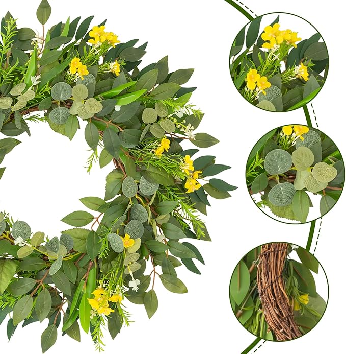 24 Inch Eucalyptus Greenery Wreaths for Front Door, Large Artificial Outdoor Spring Summer Wreath for Porch, Window, Farmhouse, Home Decor - All Seasons-Ruum Studio Home