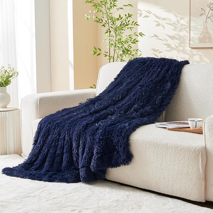 GONAAP Fuzzy Faux Fur Throw Blanket Twin Size Dark Navy Super Soft Cozy Plush Fuzzy Shaggy Blanket for Couch Sofa Bed (Dark Navy, Twin(60"x80"))-Ruum Studio Home