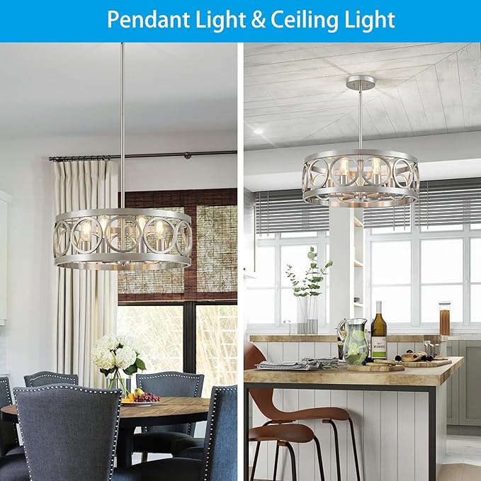 XINGQI 6-Light Modern Farmhouse Chandelier Brushed Nickel, 21.7'' Drum Ceiling Light Fixture for Living Dining Room Over Table with Round Metal Shade Pendant Lighting-Ruum Studio Home