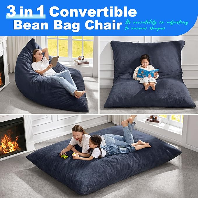 Hobestluk 3 in 1 Bean Bag Chair Giant Bean Bag Chairs for Adults with Plush Faux Fur Cover Convertible Bean Bag Floor Cushion with Machine Washable Cover for Living Room (Plush Dark Grey)-Ruum Studio Home
