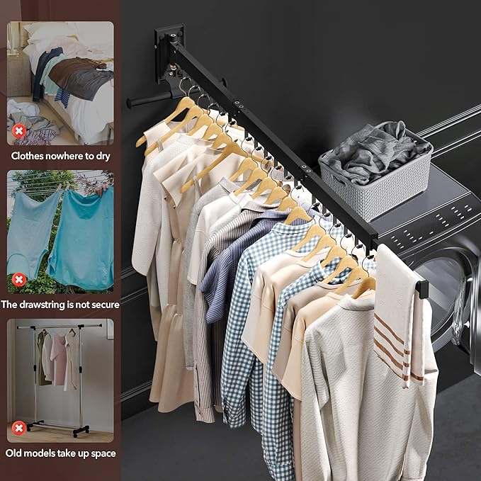 Wall Mounted Clothes Hanger,Clothes Drying Rack,Laundry Drying Rack,Drying Rack Clothing,Laundry Hanger Rack,Retractable Dryer Racks,Collapsible, Aluminum,can be Fold Upward & Left & Right-Ruum Studio Home