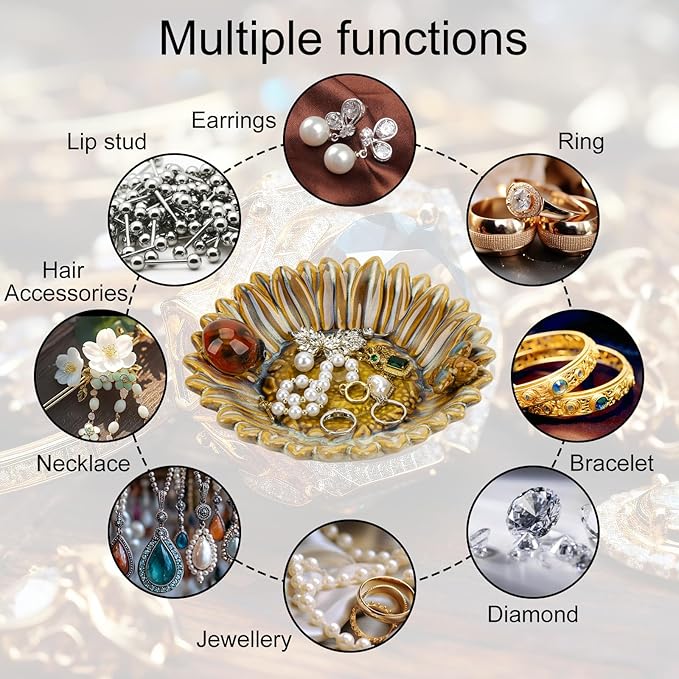 Sunflower Jewelry Dish Trinket Tray Ceramic Key Tray Bowl for Entryway Table, Sunflower Candy Dish Soap Holder Decorative Bowl for Home Decor Kitchen Sink Bathroom Counter (Bee, Ladybug)-Ruum Studio Home