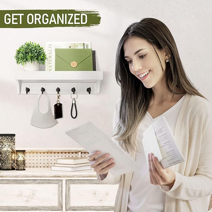 Rebee Vision Key and Mail Holder for Wall with Floating Shelf : Decorative Hanging Organizer with 5 Sturdy Keys Hooks and Wall Mount Key Rack - Farmhouse Entryway Décor (Modern White)-Ruum Studio Home